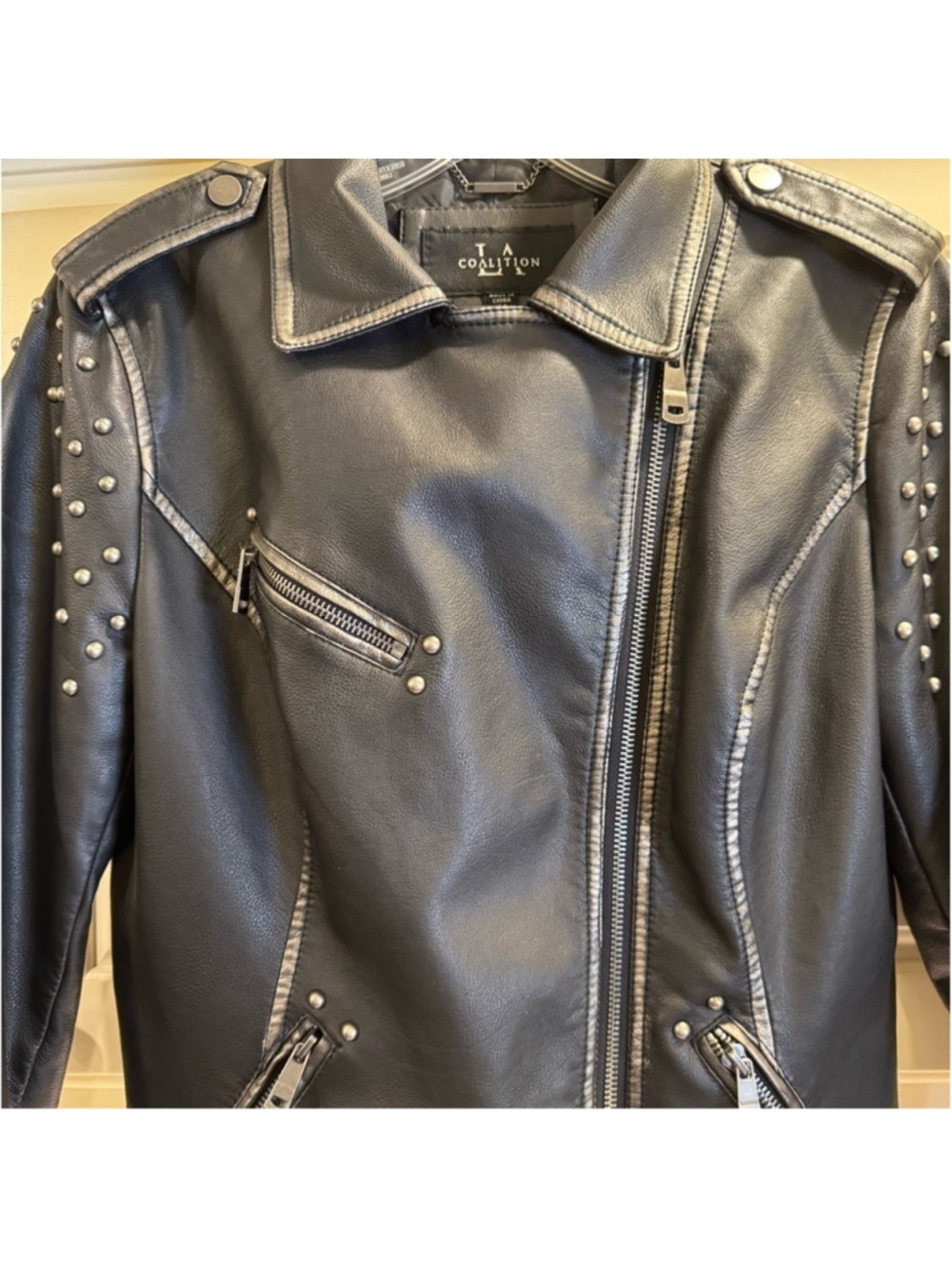 T Coalition Women Moto Jacket Black Faux Leather Studded - Picture 5 of 10